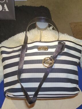 Michael Kors Navy & White Striped Canvas Tote w/Gold Hardware NWOT $80